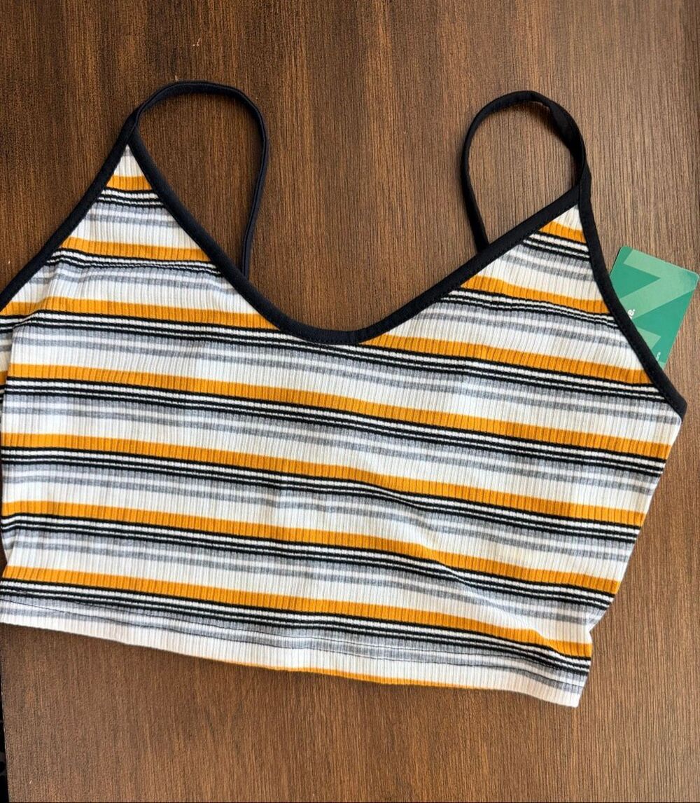 SHEIN Yellow White & Black Striped Ribbed Knit Crop Tank Top Size 6 Medium NEW